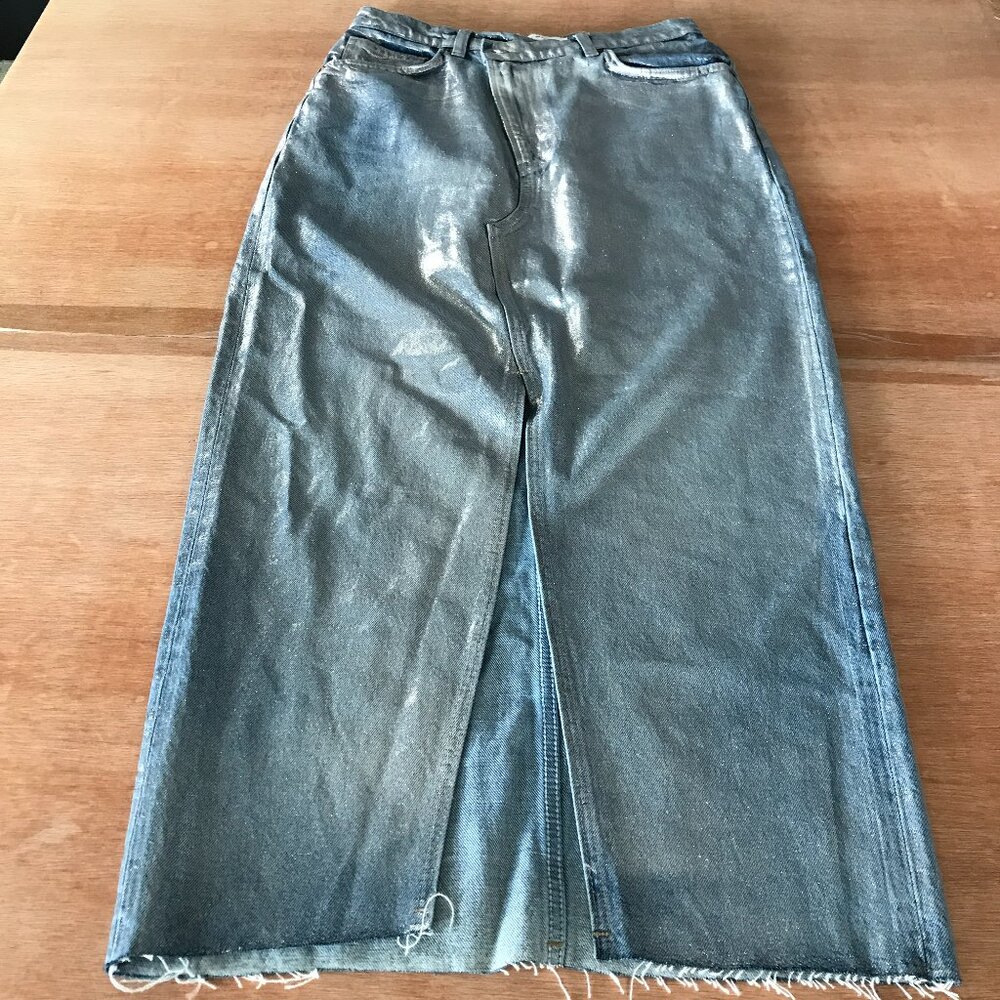 Reformation Nila Coated Long Denim Skirt Women 29 Blue Raw Hem Pocket Preppy